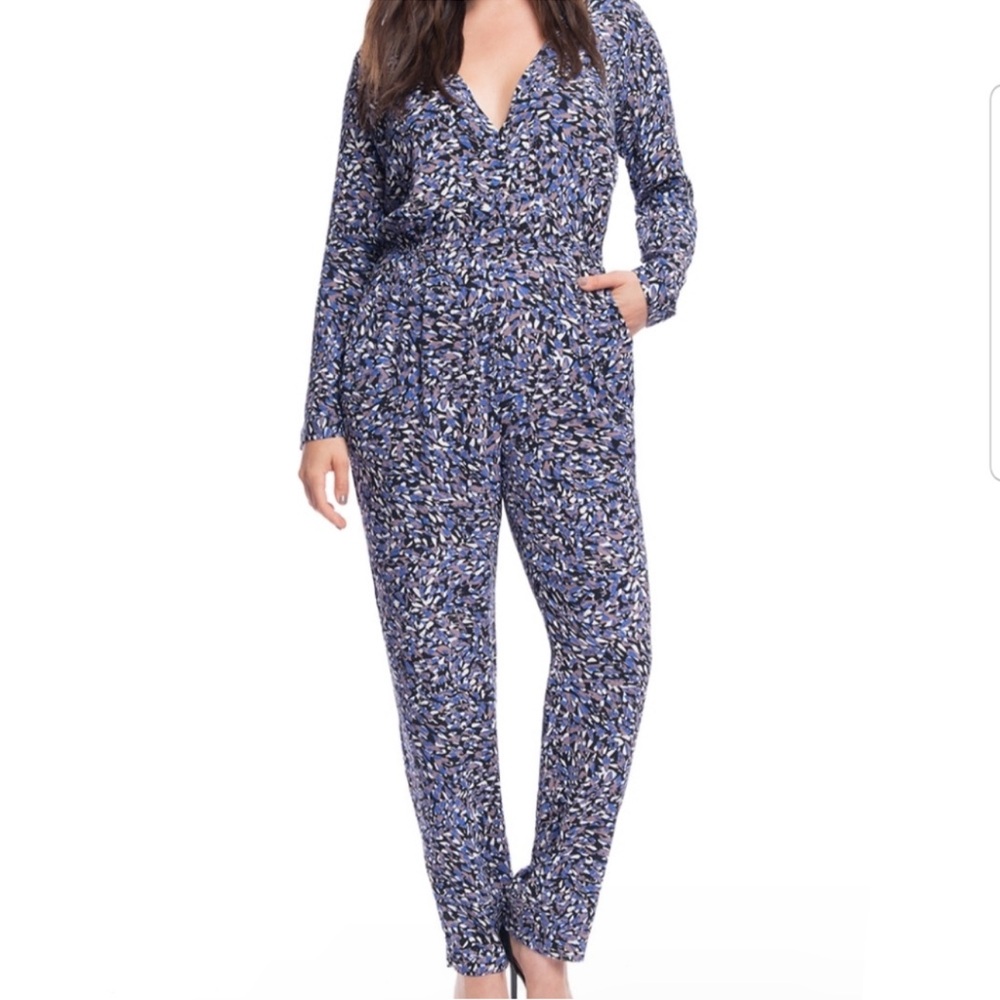 Eloquii Printed Jumpsuit Long Sleeve V Neck Pockets Blue Black Size 18